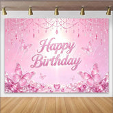 Lofaris Pink Butterfly Glitter Birthday Backdrop for Girls Princess Party Sparkling Crystal Party Decor for Photoshoot and Celebration