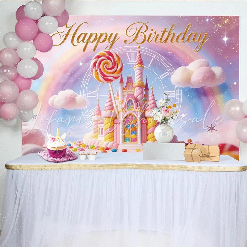 Lofaris Pink Candy Land Birthday Backdrop with Fairytale Castle and Rainbow Magical Photo Background for Girls Party Decoration