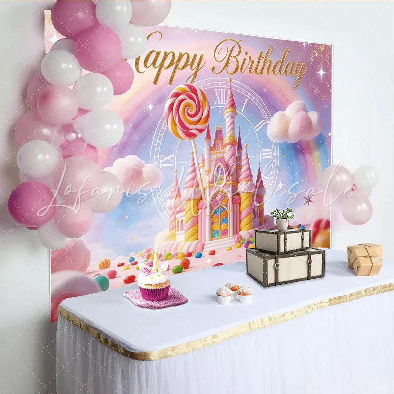 Lofaris Pink Candy Land Birthday Backdrop with Fairytale Castle and Rainbow Magical Photo Background for Girls Party Decoration