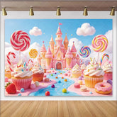Lofaris Pink Candy Land Castle Birthday Backdrop with Lollipops and Cupcakes Sweet Wonderland Photography Background for Kids Party Decor