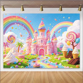 Lofaris Pink Candy Land Castle Birthday Backdrop with Rainbow and Sweet Treats Whimsical Photo Background for Kids Party Decor