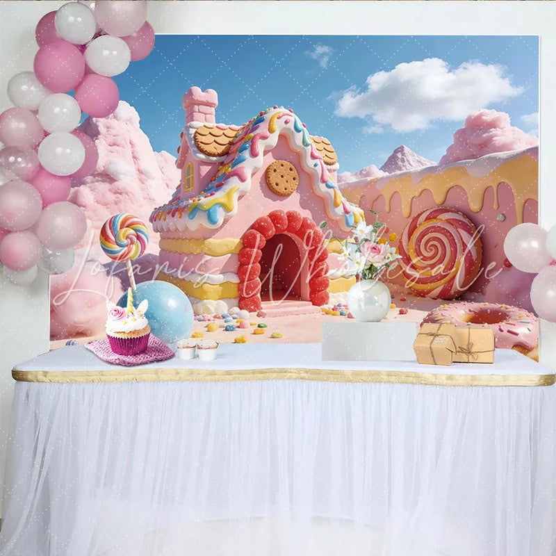 Lofaris Pink Candy Land Photography Backdrop with Gingerbread House and Lollipops Sweet Fantasy Dessert Background for Kids Photoshoot