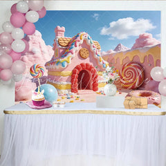 Lofaris Pink Candy Land Photography Backdrop with Gingerbread House and Lollipops Sweet Fantasy Dessert Background for Kids Photoshoot