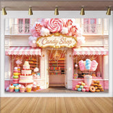 Lofaris Pink Candy Shop Birthday Backdrop with Sweet Treats and Lollipops Whimsical Dessert Store Background for Girls Party Decoration