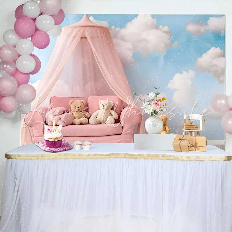 Lofaris Pink Canopy Sofa Teddy Bear Cake Smash Backdrop Blue Sky White Clouds Baby Girl Photography Background