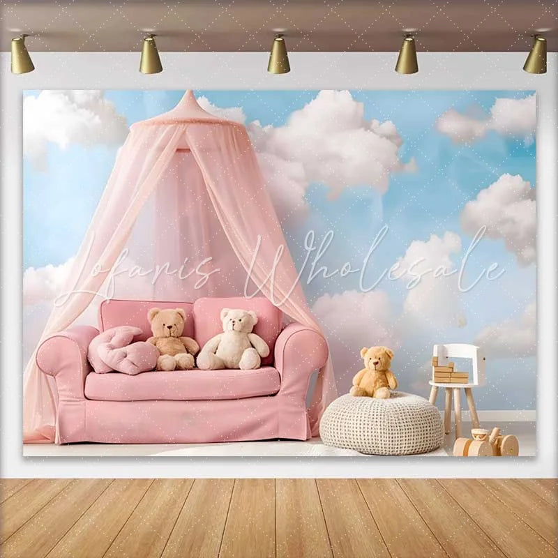 Lofaris Pink Canopy Sofa Teddy Bear Cake Smash Backdrop Blue Sky White Clouds Baby Girl Photography Background