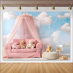 Lofaris Pink Canopy Sofa Teddy Bear Cake Smash Backdrop Blue Sky White Clouds Baby Girl Photography Background