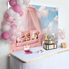 Lofaris Pink Canopy Sofa Teddy Bear Cake Smash Backdrop Blue Sky White Clouds Baby Girl Photography Background