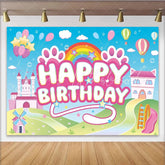 Lofaris Pink Cartoon Birthday Backdrop with Castle and Rainbow for Girls Cute Animal Paw Print Photography Background for Kids Party
