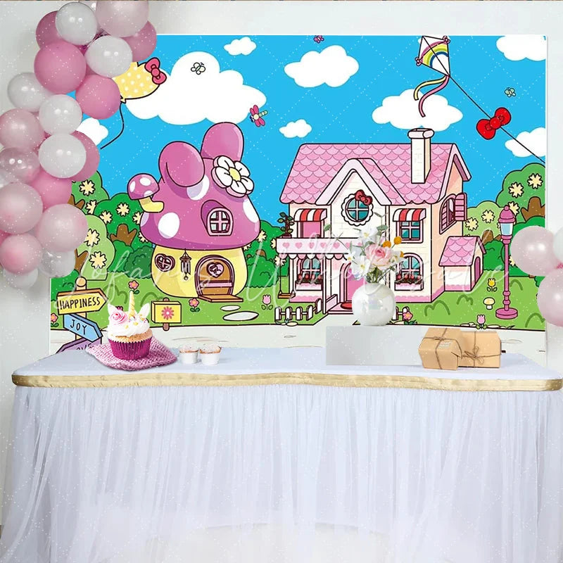 Lofaris Pink Cartoon Birthday Backdrop with Mushroom House and Bows Whimsical Landscape Background for Kids Party Decoration