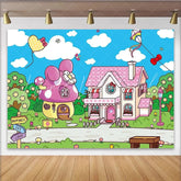 Lofaris Pink Cartoon Birthday Backdrop with Mushroom House and Bows Whimsical Landscape Background for Kids Party Decoration