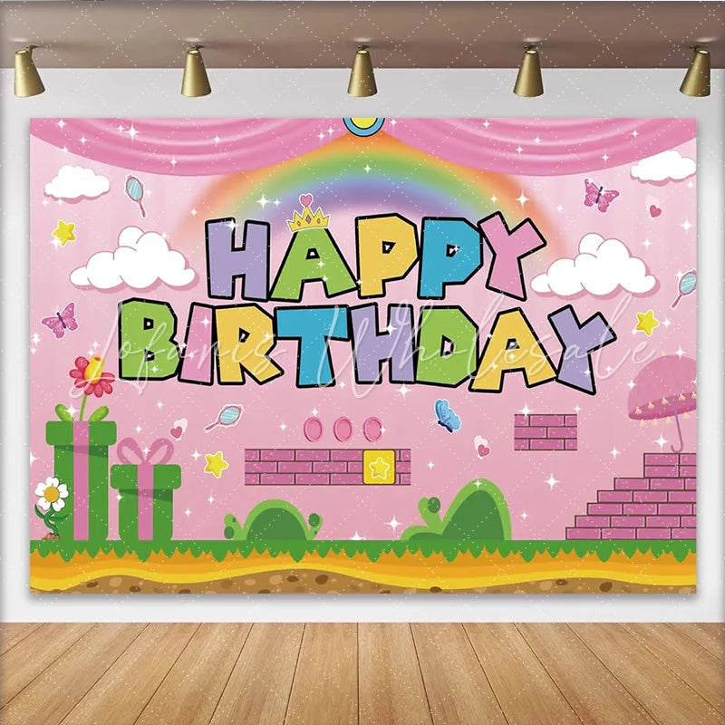 Lofaris Pink Cartoon Birthday Backdrop with Rainbow and Game Elements Colorful Party Background for Kids Celebration