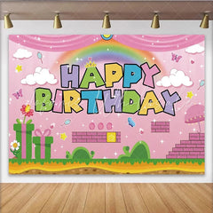 Lofaris Pink Cartoon Birthday Backdrop with Rainbow and Game Elements Colorful Party Background for Kids Celebration
