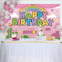 Lofaris Pink Cartoon Birthday Backdrop with Rainbow and Game Elements Colorful Party Background for Kids Celebration