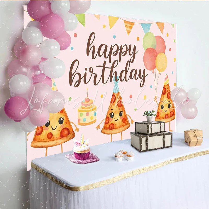 Lofaris Pink Cartoon Pizza Birthday Backdrop with Party Hats and Balloons Happy Birthday Party Decor for Kids Photoshoot