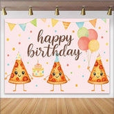 Lofaris Pink Cartoon Pizza Birthday Backdrop with Party Hats and Balloons Happy Birthday Party Decor for Kids Photoshoot