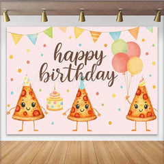 Lofaris Pink Cartoon Pizza Birthday Backdrop with Party Hats and Balloons Happy Birthday Party Decor for Kids Photoshoot