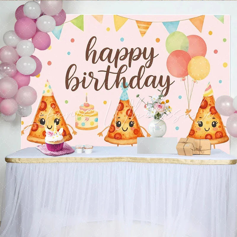 Lofaris Pink Cartoon Pizza Birthday Backdrop with Party Hats and Balloons Happy Birthday Party Decor for Kids Photoshoot