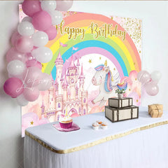 Lofaris Pink Castle Unicorn Backdrop Rainbow and Gold Stars Magic Kingdom Photography Background for Girls Birthday