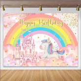 Lofaris Pink Castle Unicorn Backdrop Rainbow and Gold Stars Magic Kingdom Photography Background for Girls Birthday
