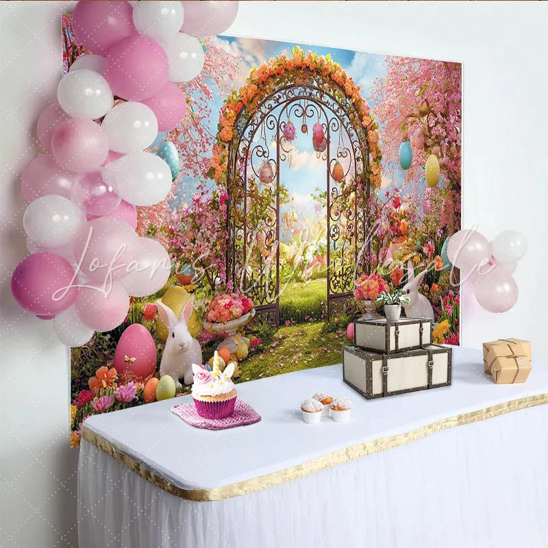 Lofaris Pink Cherry Blossom Easter Backdrop with Colorful Eggs Rabbits and Spring Garden Archway Background for Holiday Photoshoot