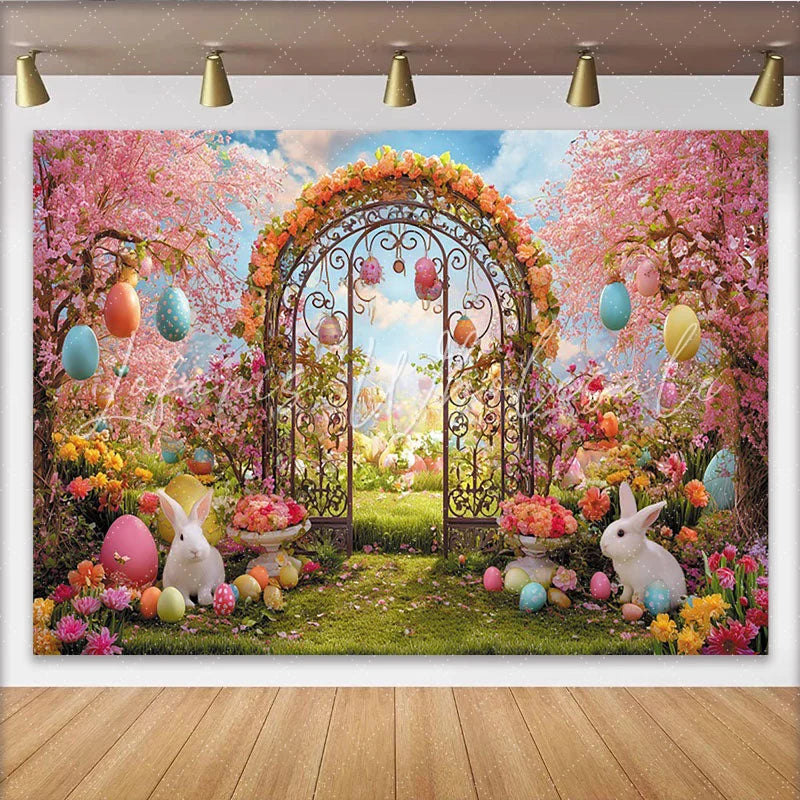 Lofaris Pink Cherry Blossom Easter Backdrop with Colorful Eggs Rabbits and Spring Garden Archway Background for Holiday Photoshoot