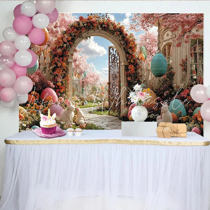 Lofaris Pink Cherry Blossom Easter Backdrop with Colorful Eggs Spring Garden Photography Background for Holiday Party Decor