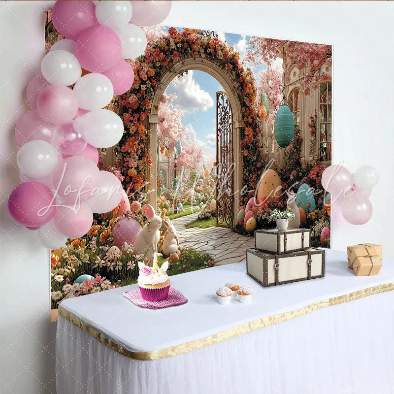 Lofaris Pink Cherry Blossom Easter Backdrop with Colorful Eggs Spring Garden Photography Background for Holiday Party Decor