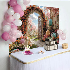 Lofaris Pink Cherry Blossom Easter Backdrop with Colorful Eggs Spring Garden Photography Background for Holiday Party Decor