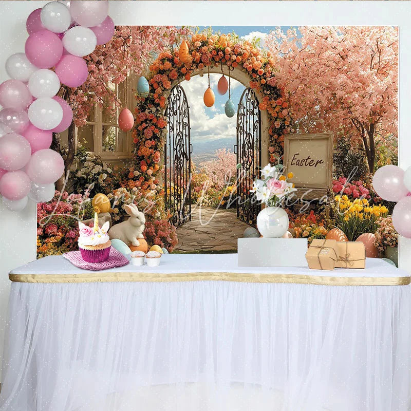 Lofaris Pink Cherry Blossom Easter Backdrop with Floral Arch Spring Garden Photo Background for Holiday Party Decoration