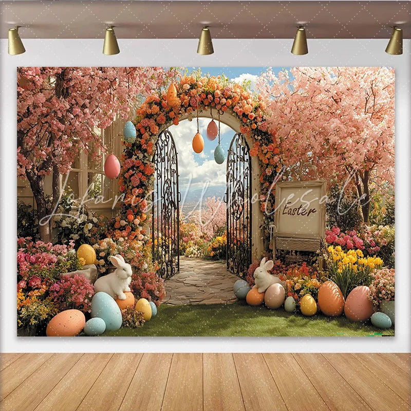 Lofaris Pink Cherry Blossom Easter Backdrop with Floral Arch Spring Garden Photo Background for Holiday Party Decoration