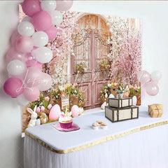 Lofaris Pink Cherry Blossom Easter Backdrop with Ornate Gate Pastel Eggs and Bunnies for Spring Garden Party Decor