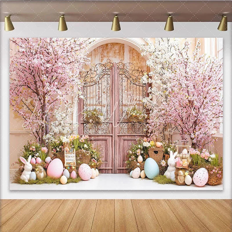 Lofaris Pink Cherry Blossom Easter Backdrop with Ornate Gate Pastel Eggs and Bunnies for Spring Garden Party Decor
