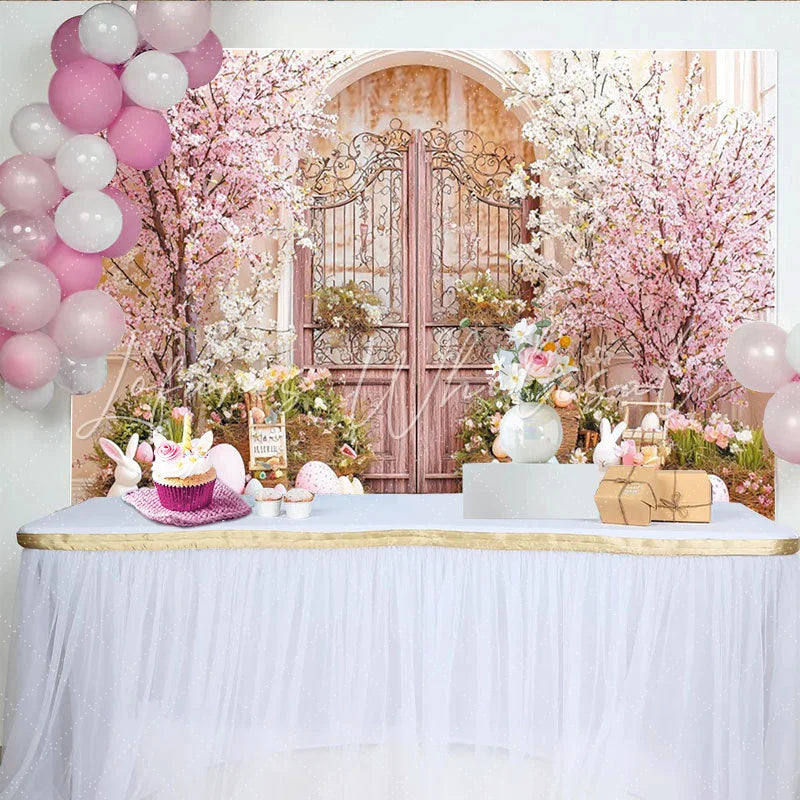 Lofaris Pink Cherry Blossom Easter Backdrop with Ornate Gate Pastel Eggs and Bunnies for Spring Garden Party Decor