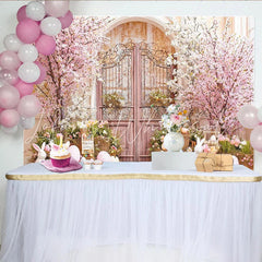 Lofaris Pink Cherry Blossom Easter Backdrop with Ornate Gate Pastel Eggs and Bunnies for Spring Garden Party Decor