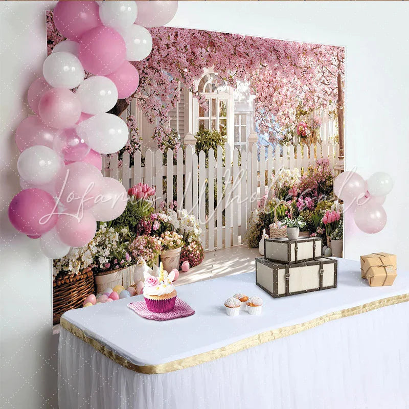 Lofaris Pink Cherry Blossom Easter Backdrop with Picket Fence and Spring Flowers Pastel Eggs Photography Holiday Decor