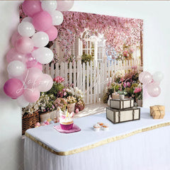 Lofaris Pink Cherry Blossom Easter Backdrop with Picket Fence and Spring Flowers Pastel Eggs Photography Holiday Decor