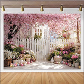 Lofaris Pink Cherry Blossom Easter Backdrop with Picket Fence and Spring Flowers Pastel Eggs Photography Holiday Decor