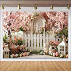 Lofaris Pink Cherry Blossom Easter Backdrop with Picket Fence Spring Garden Photography Background for Holiday Decor