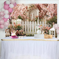 Lofaris Pink Cherry Blossom Easter Backdrop with Picket Fence Spring Garden Photography Background for Holiday Decor