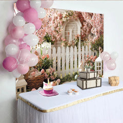 Lofaris Pink Cherry Blossom Easter Backdrop with Picket Fence Spring Garden Photography Background for Holiday Decor