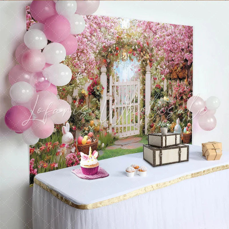 Lofaris Pink Cherry Blossom Easter Spring Garden Backdrop White Picket Fence with Colorful Eggs Party Decor