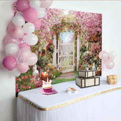 Lofaris Pink Cherry Blossom Easter Spring Garden Backdrop White Picket Fence with Colorful Eggs Party Decor
