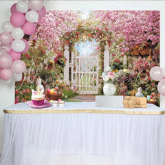 Lofaris Pink Cherry Blossom Easter Spring Garden Backdrop White Picket Fence with Colorful Eggs Party Decor
