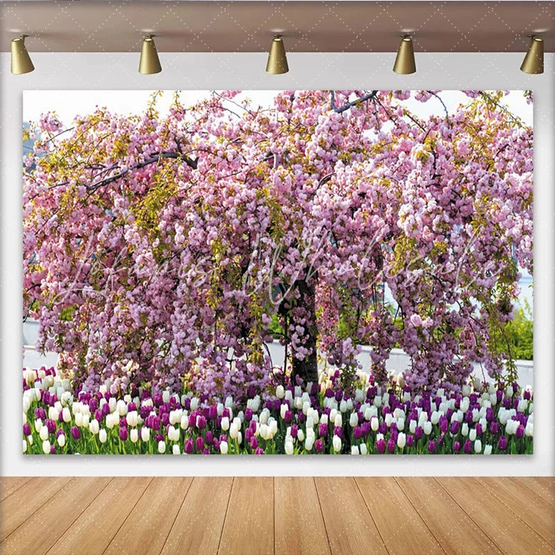 Lofaris Pink Cherry Blossom Floral Photography Backdrop with Tulips Beautiful Spring Garden Background for Studio Portrait