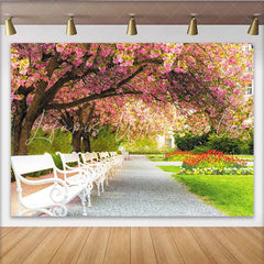 Lofaris Pink Cherry Blossom Park Photography Backdrop with White Benches Beautiful Spring Garden Background for Photoshoot and Event Decor