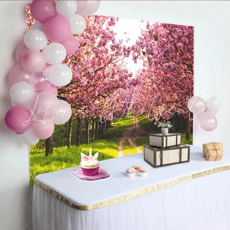 Lofaris Pink Cherry Blossom Photography Backdrop with Green Path Beautiful Spring Floral Background for Studio Photoshoot