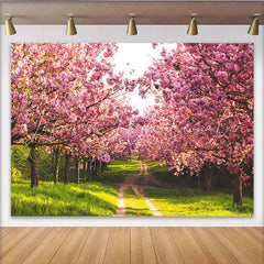 Lofaris Pink Cherry Blossom Photography Backdrop with Green Path Beautiful Spring Floral Background for Studio Photoshoot