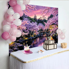 Lofaris Pink Cherry Blossom Photography Backdrop with Japanese Garden and Bridge Serene Spring Scenery Background for Studio and Party Decor