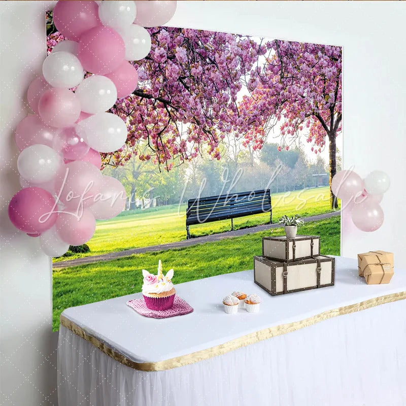 Lofaris Pink Cherry Blossom Photography Backdrop with Park Bench and Green Grass Spring Nature Scene for Studio Photoshoot
